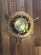Vintage Brass And Wood Clock “Ship's Time” Walnut Wheel 19” Working Condition. 