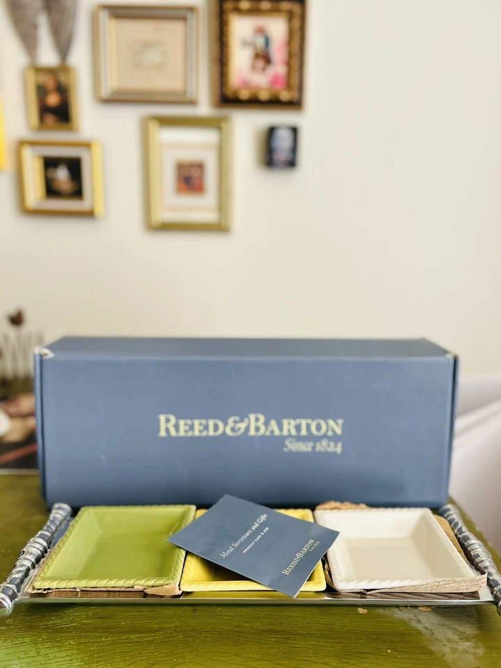 Reed & Barton Bannister Metal Rectangular Serving Tray with Ceramic Dishes 15.5" - Image 2 of 4