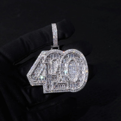 4Ct Baguette Cut & Round Moissanite Initial ''420'' Pendant 14K White Gold Plated
