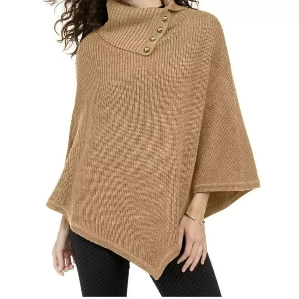 Michael Kors Women's Turtleneck Shaker Stitch Poncho, Tan, One Size