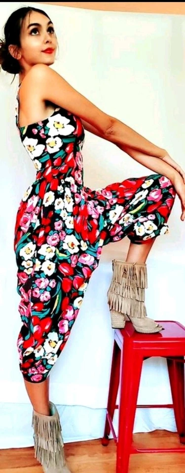 ÚNICO Mono Floral Francés Vintage Años 80 Harén BOHO Pasarela Coachella 