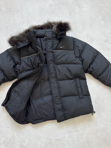 Vintage Nike 00s Puffer Black Down Jacket Fur Hood Warm Swoosh Logo Size S - Picture 15 of 24