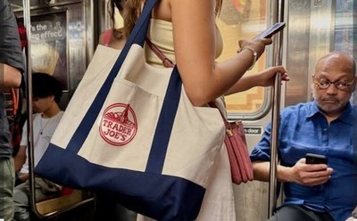 Trader Joe s Large Canvas Tote Bag Navy Beige Reusable Grocery Bag USA Exclusive