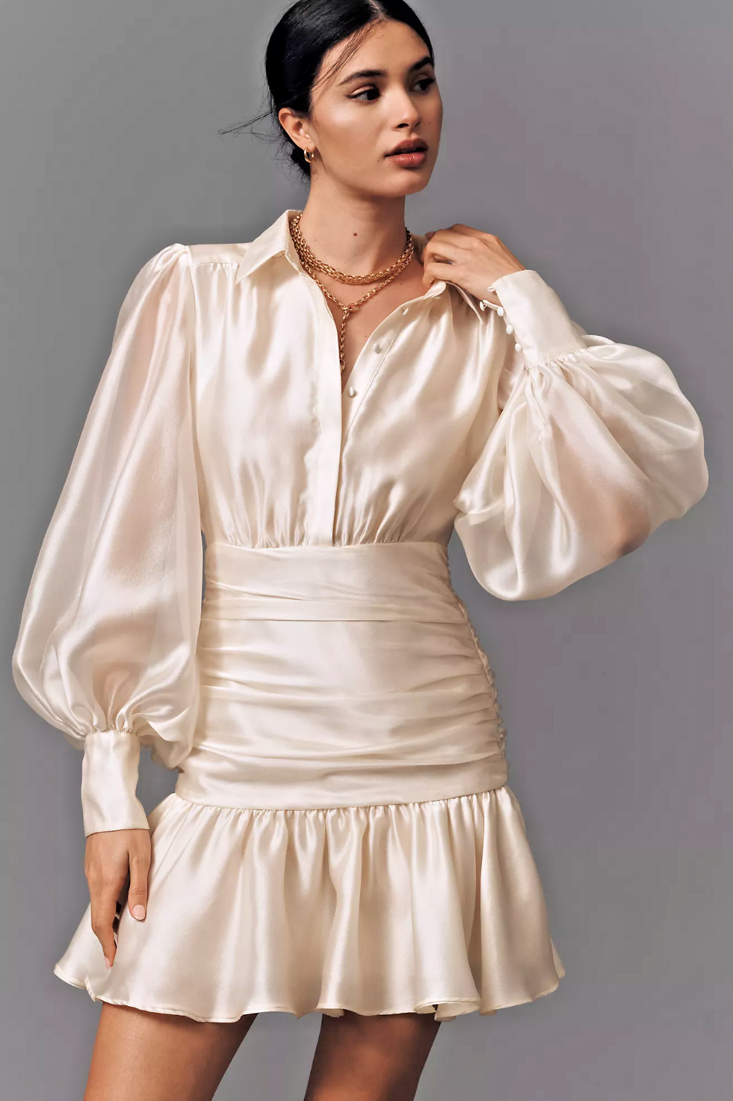 NUEVO CON ETIQUETAS ANTHROPOLOGIE Bardot Milani Cintura Caída Organza Mini Camisa Vestido Marfil 12