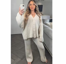 Womens Chunky Knit Button Up Cardigan Wide Leg Trousers Co Ord Lounge Wear Set