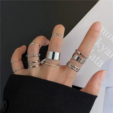 10 Pc Silver Tone Geometric Rings Women Classic Wide Joint Stacking Set Jewelry