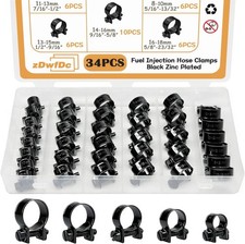 34PCS Fuel Line Clamps Clips Assortment Kit 8-18mm Black Zinc Plated Adjustable