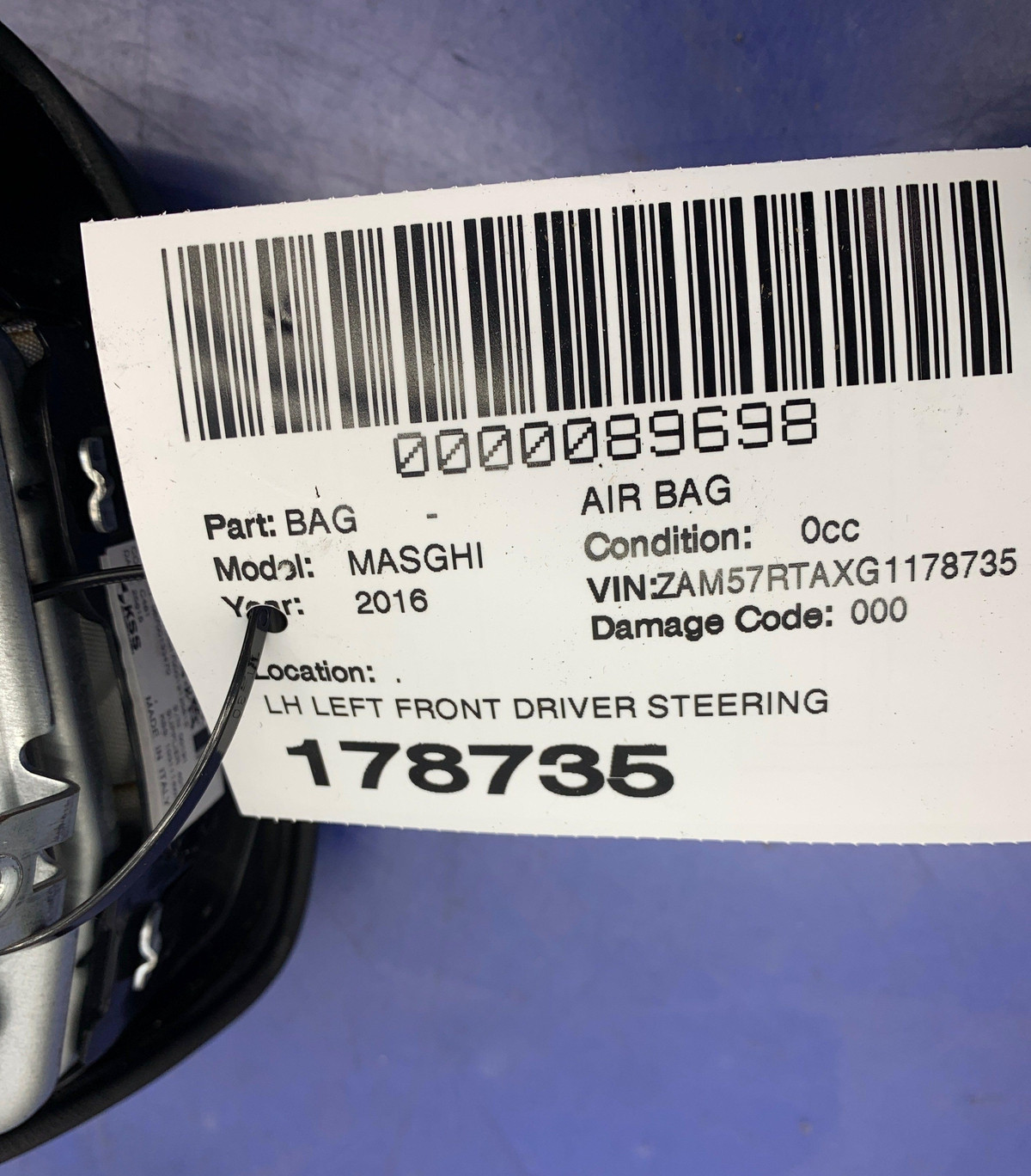 2014 - 2019 MASERATI GHIBLI M157 LEFT FRONT STEERING WHEEL SRS INFLATOR AIRBAG