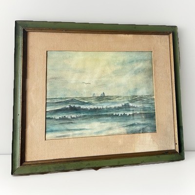 Antique Original Watercolor Painting Signed J Moser Seascape Wood Frame