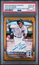 2025 Bowman Chrome Prospects Justice Bigbie Gold Auto 1/50