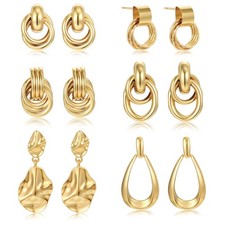 6 Pairs Trendy Gold Plated Knot Earrings for Women Chunky Statement Gold-A
