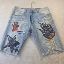 Smoke Rise Mens Distressed Graphic Denim Shorts Light Wash Paint Splatter SZ 38