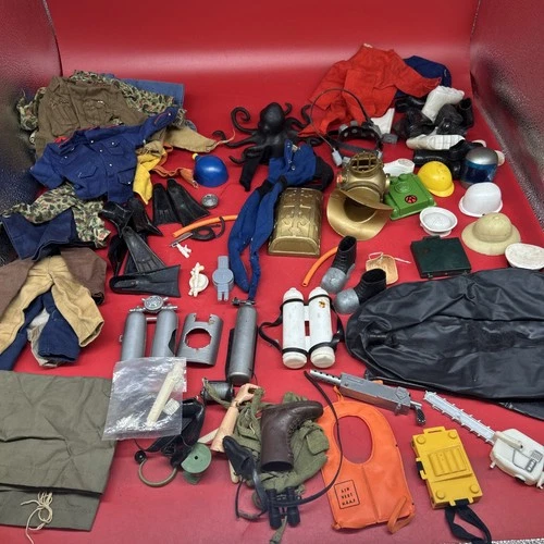 Huge Lot Of Vintage GI Joe Items: Gold Diving Helmet, Clothes, Scuba, Boat, Etc