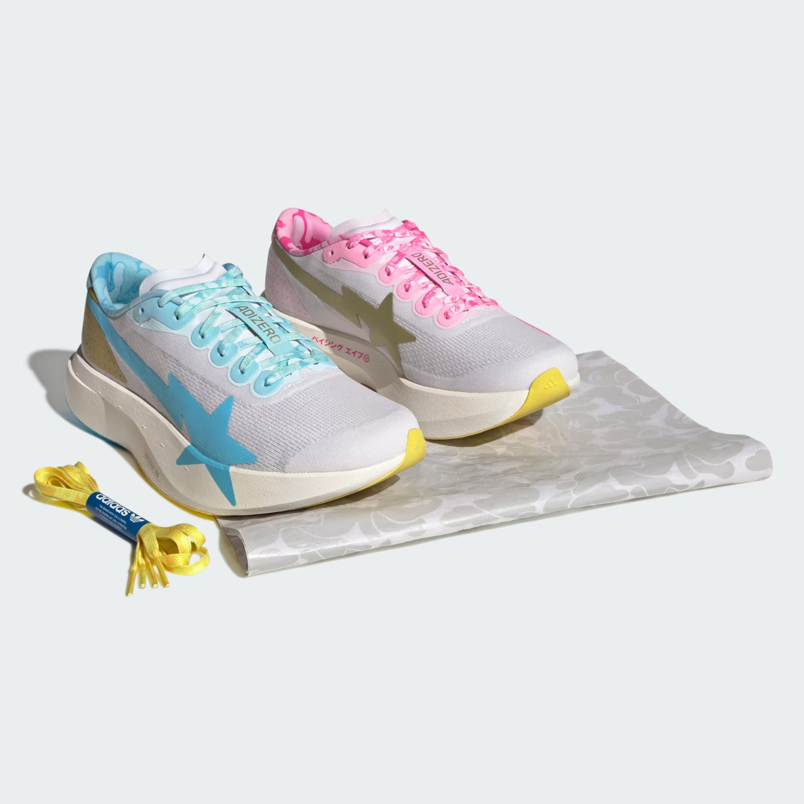KJ5751 A BATHING APE × adidas Adizero Evo SL "Cloud White/Gold Metallic" (Men's)