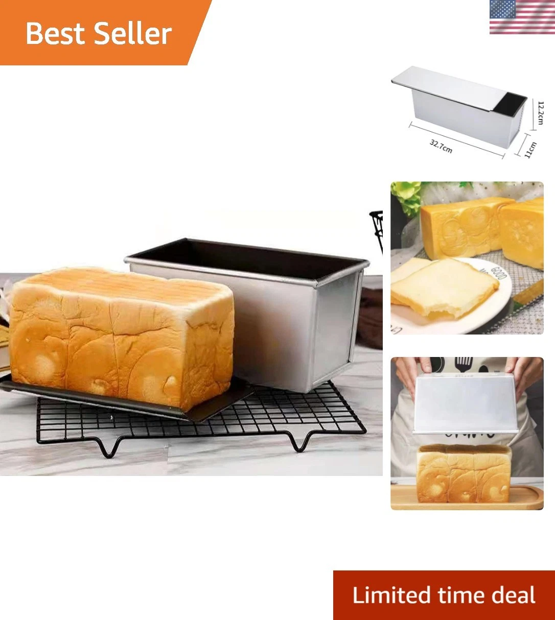 Commercial Grade Pullman Loaf Pan with Lid - Non-Stick Aluminum Steel, 13x4.3in