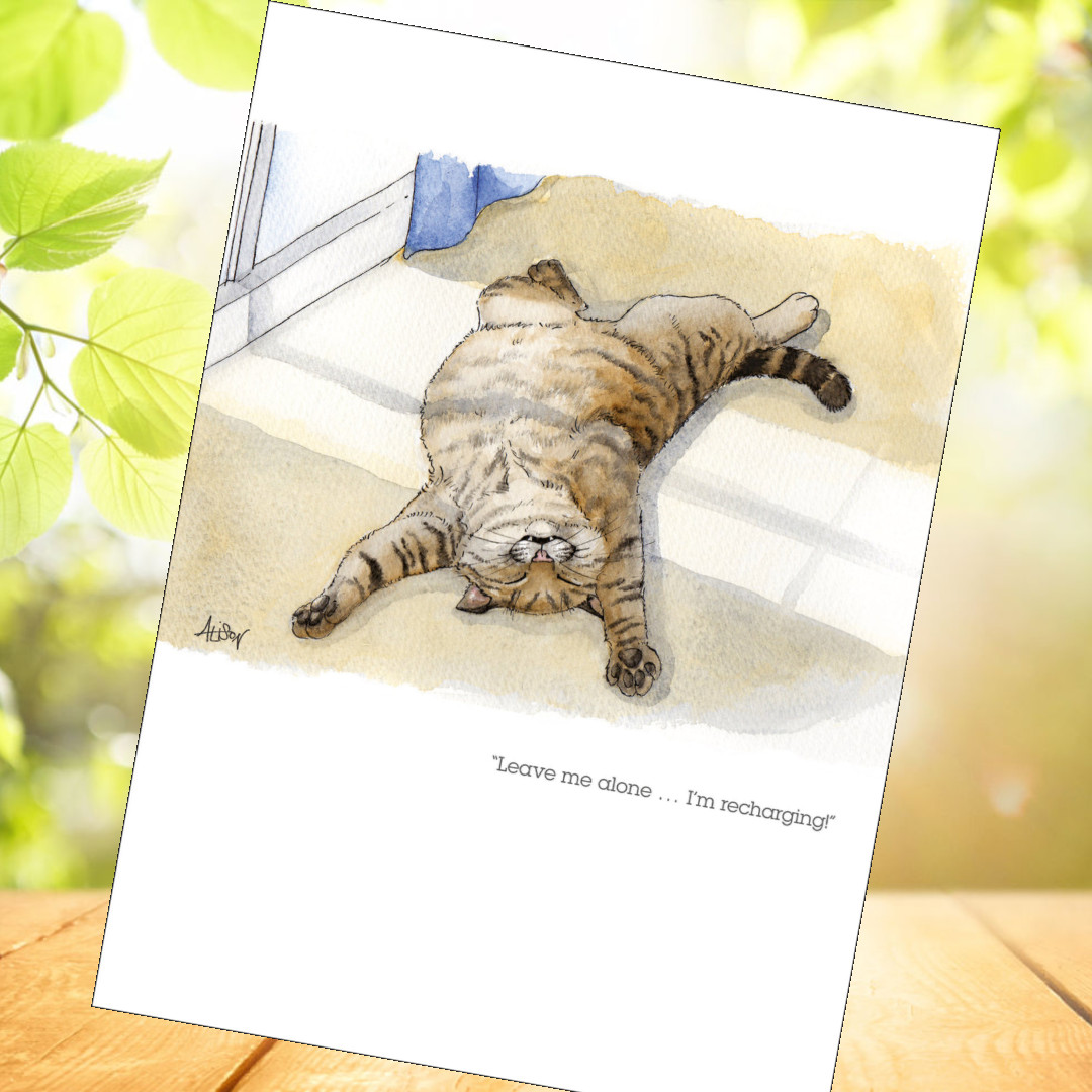 Cat Greeting Card - I'm Recharging - A Lingley - Sale For Our Animal Charity
