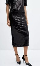 MANGO Sequin Midi Skirt Xavi in Black UK 8 = Small (fmn2-9)