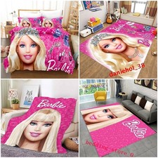 Girls Barbie Doll 3D Doona Duvet Cover Pillowcase Bedding Set Bedroom Carpet