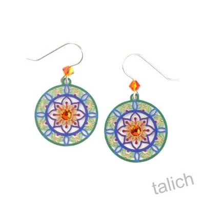 Adajio Earrings Round Cutout Mandala in Green, Blue, and Orange Handmade 8100