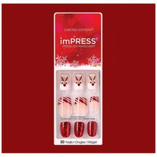 imPRESS Press On Nails Holiday Reindeer Candy Cane Red Short No Glue Manicure