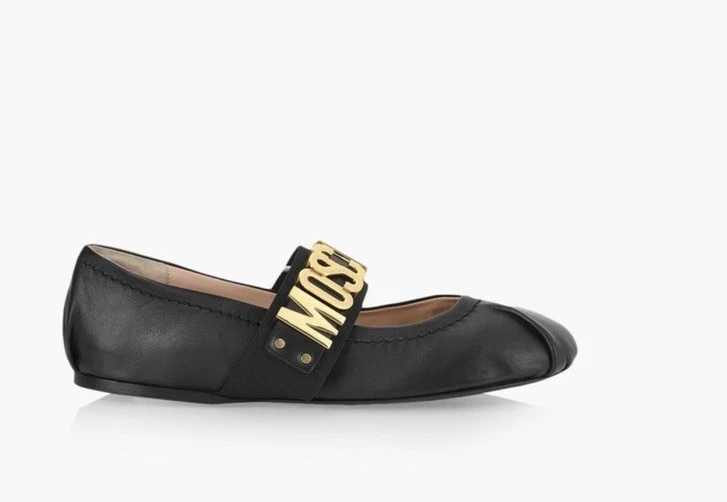 Moschino Couture Leather Ballet Flats With Gold/ Metal Lettering Logo Sz 37 WOB - Image 4 of 4