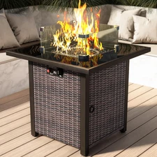 Propane Outdoor Fire Pit Table, 28" Rattan Square Fire Pit Table, Outdoor Gas Fi