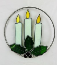 Vintage Christmas 3D Stained Glass Suncatcher Candles  Holly Berries 7.5  LG