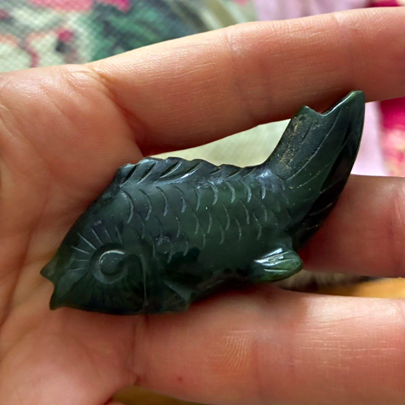 Green Stone Hand-Carved Fish Figurine Small Mini Carved Sculpture Figurine