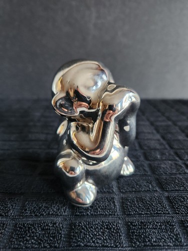 Vintage Ceramic Chrome-Colored 'Speak No Evil' Monkey Figure • 3½" Tall