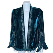 Free People Giacca da Letto in Velluto Ricamato Scarlatto S Pizzo Velluto Boho Blu Teal