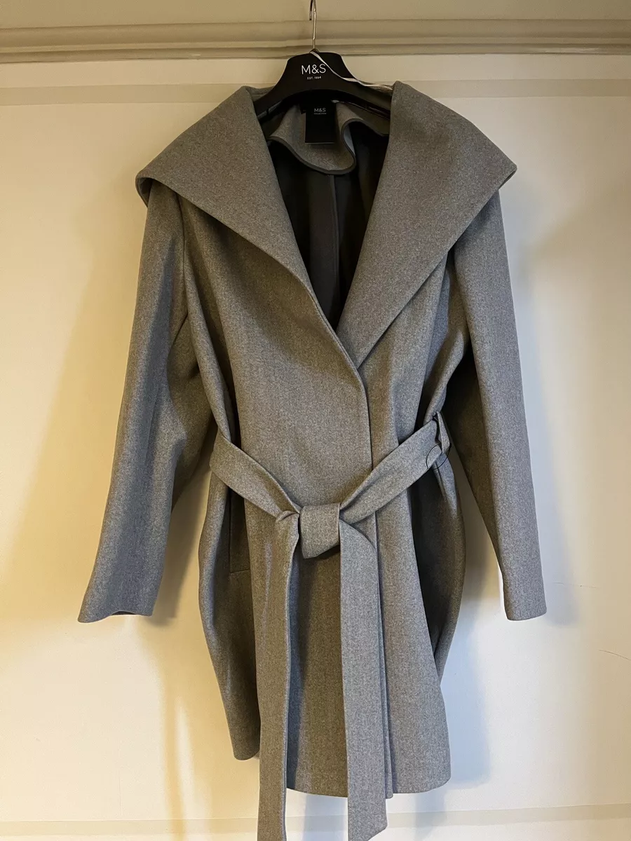 M S Hooded Coatigan Coat Grey Womens Ladies Marks Spencer Wool Like BNWT 20