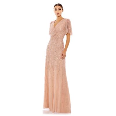 Mac Duggal 35109 Surplice Bodice Embellished Gown Flutter Sleeve Nude Size 8