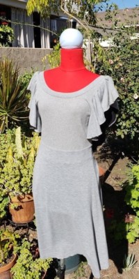 FREE PEOPLE DRESS GRAY JERSEY RUFFLED TRIMMED COLLAR LOW BACK FIT FLARE SIZE S