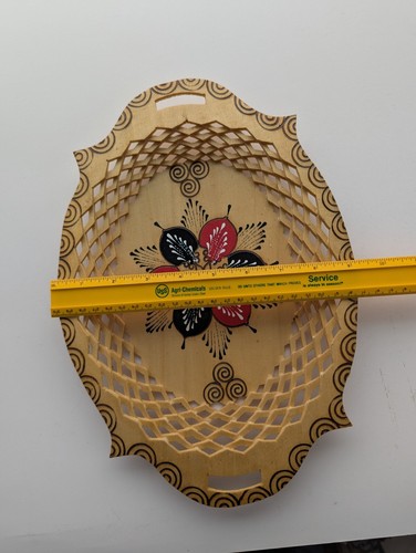 Oval Wood Tray Basket Bread Crackers Hand Painted Woven Look 13 x 9 Inch - Picture 4 of 4