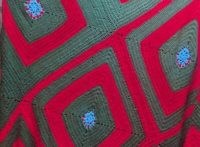 Granny Square Large 7 x9  Handmade Crochet Afghan Blanket Green,Red And Blue