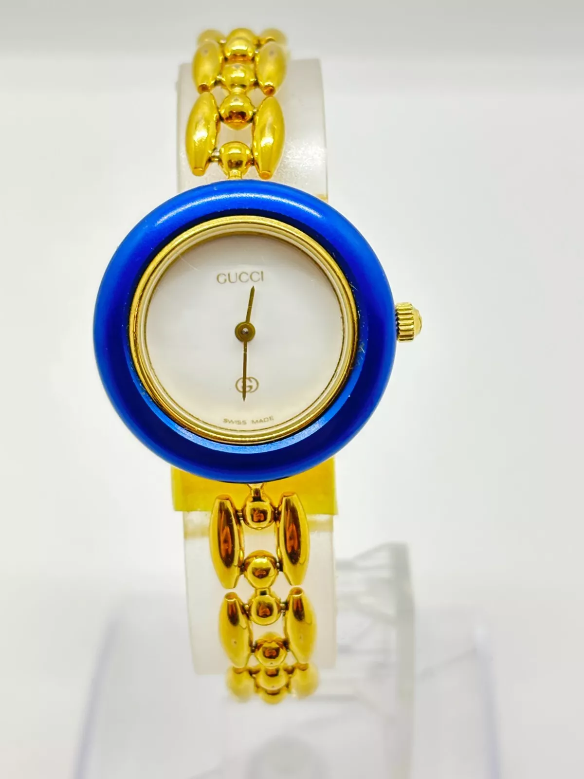 [Exc+5] Montre Vintage GUCCI 11/12 Lunette Changeante Cadran Blanc Bleu Occasion Fonctionne