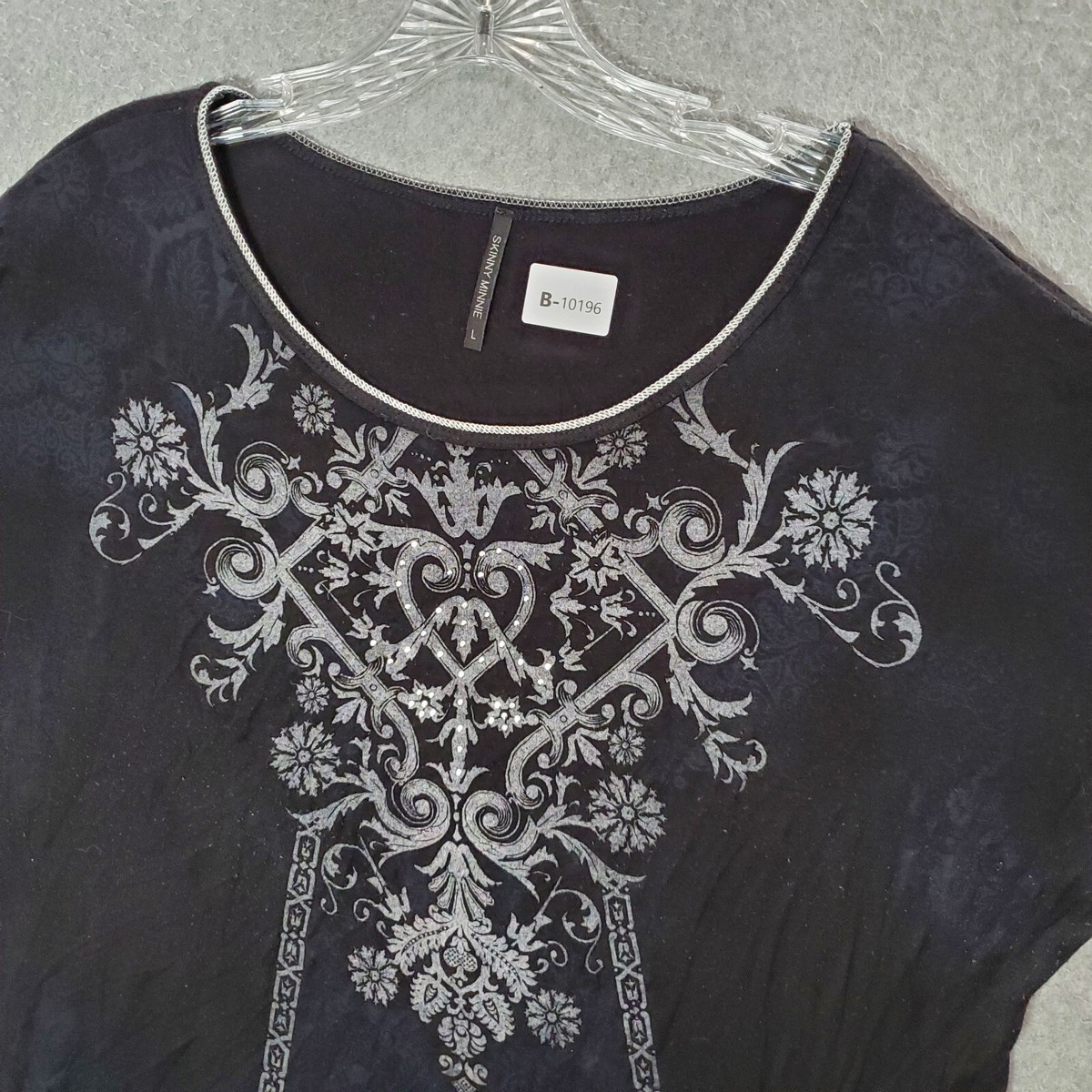 skinny minnie ブラック長袖トップス M Skinny Minnie Women Top Large Black Shirt Rhinestones Grunge