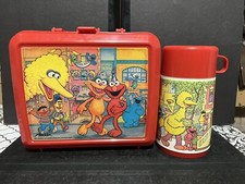 Sesame Street Plastic Red Lunchbox With Thermos Aladdin Block Party Big Bird