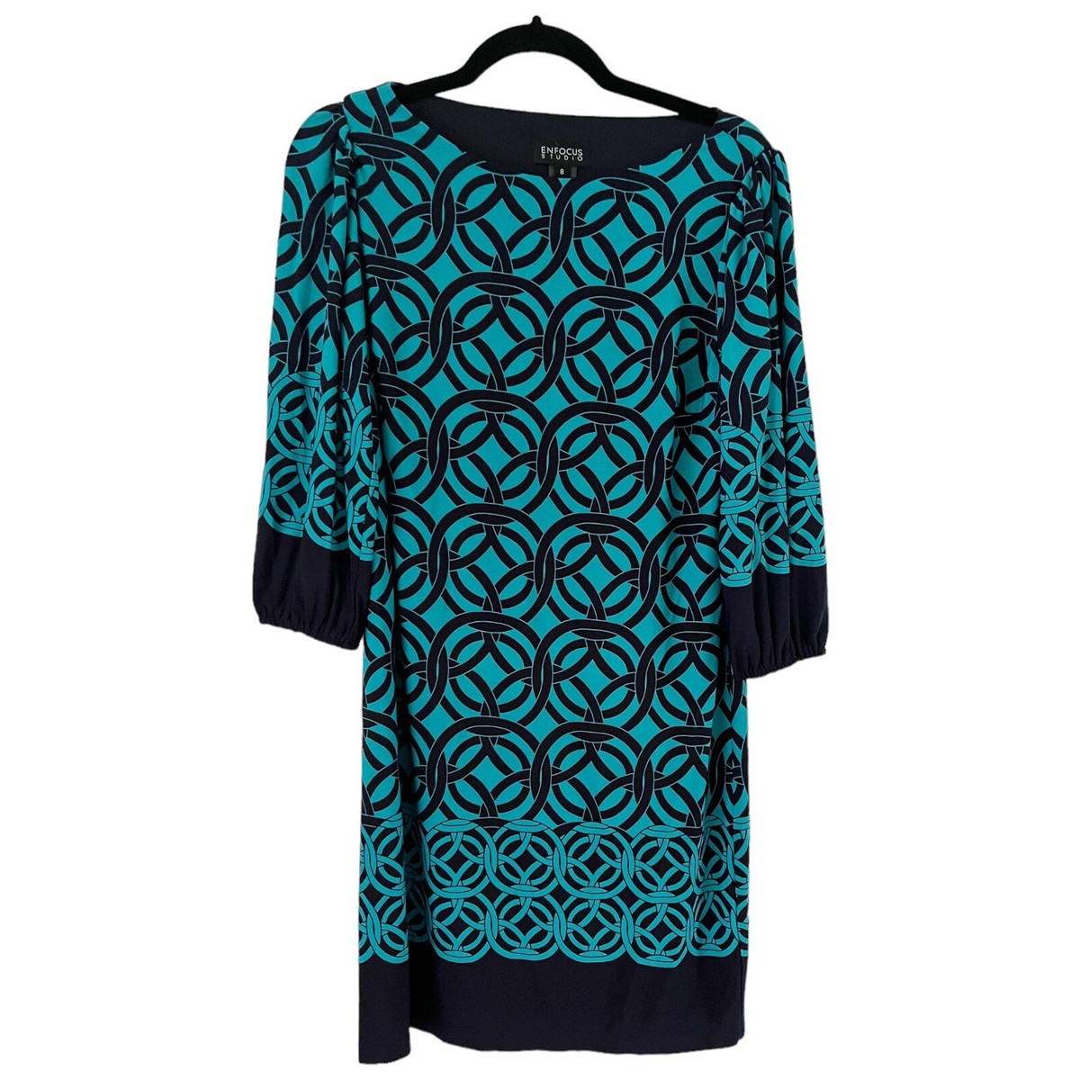 Enfocus Studio Blue Geometric Print Slinky 3/4 Sleeve Career Shift Dress  Size 8