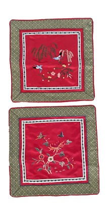 Pr. Vtg Chinese Silk Pillow Covers W/ Embroidered Flowers Bird  Butterflies NEW