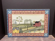 Original Folk Art Farm Painting On Wood Board Unsigned Cottage Farmhouse Style
