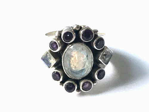 Moonstone & Amethyst Ring 925 Silver Art Deco Vintage Moonstone Ring - Size P - 第 7/12 張圖片