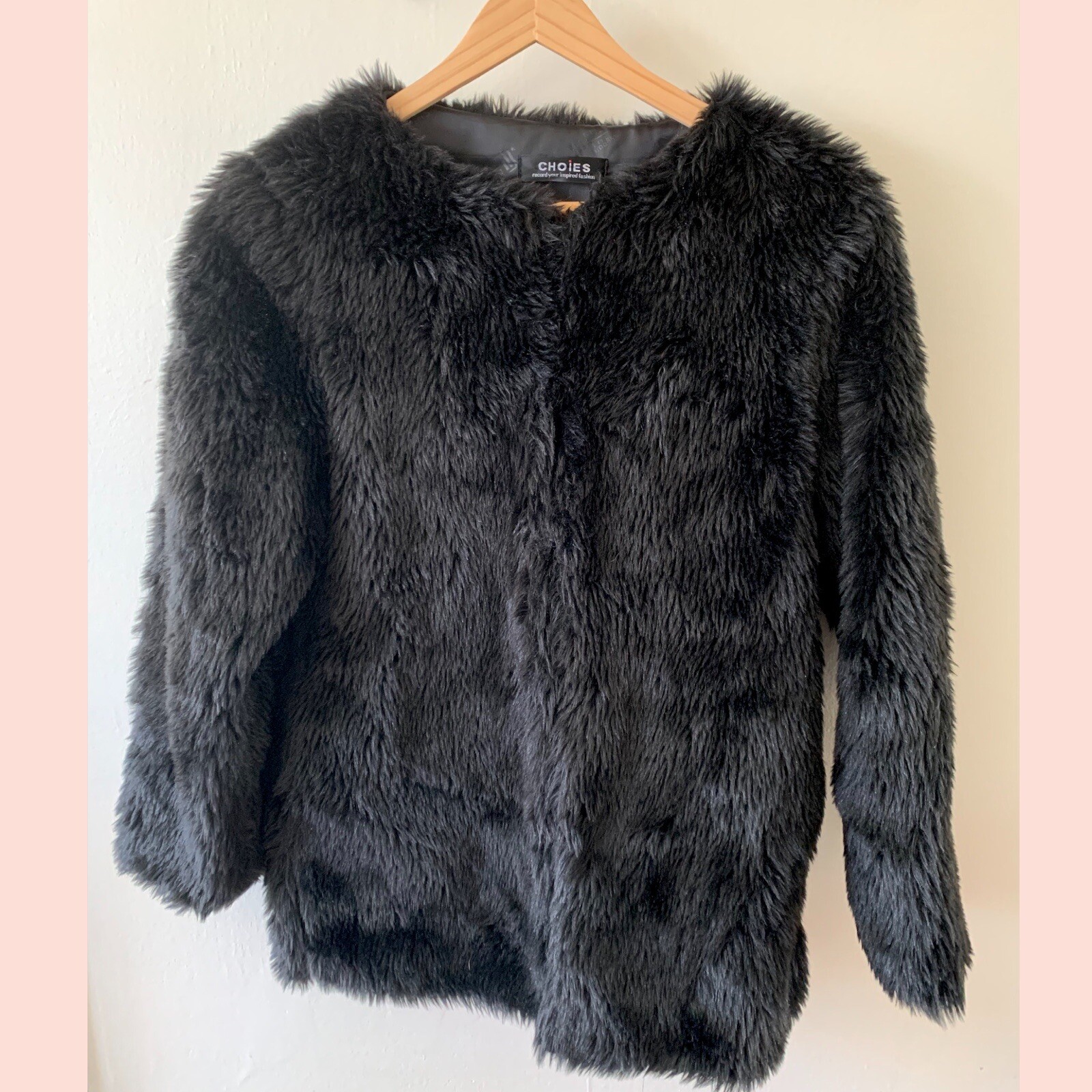 black faux fur collarless jacket