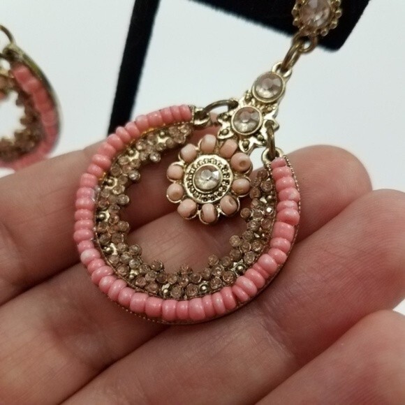 Statement Dangle Flowers Pink Beaded Stud Earring… - image 2