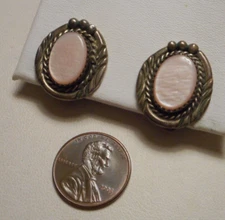 Vintage signed Annie Chapo Navajo Sterling & Pink Mother of Pearl Clip Earrings