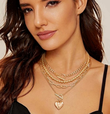 Neu 18K vergoldet Zara Grob 4 Schichten Halskette Herz Anhänger & T Bar Details
