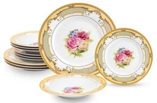 12 Piece Rose Dinnerware - Service for 4 Ceramic Floral Dish Set Vintage Design