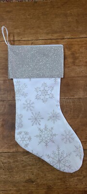 Elegant White Christmas Stocking Taffeta Silver Snowflakes Glitter Cuff 17.5 In