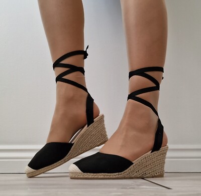 Schwarze Damen-Espadrille-Sandalen Knöchelriemen zum Binden Keilabsatz Plateauschuhe neu