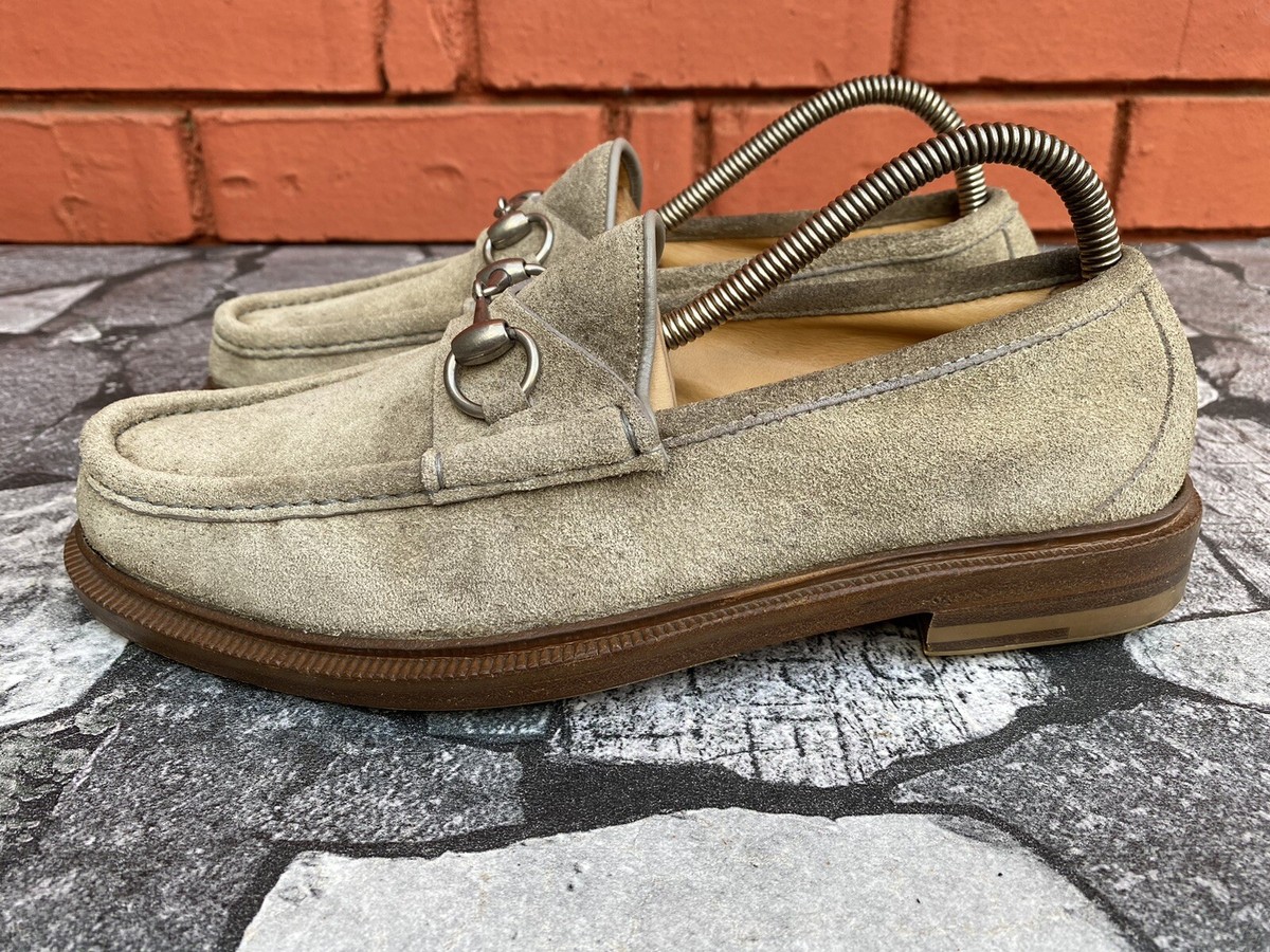 Gucci Men\'s Suede Horsebit Loafers in Light Gray with Green-Red Web Gucci Men main image 2